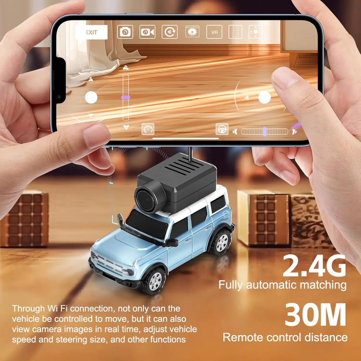 FPV RC automobilis su kamera – valdomas telefonu