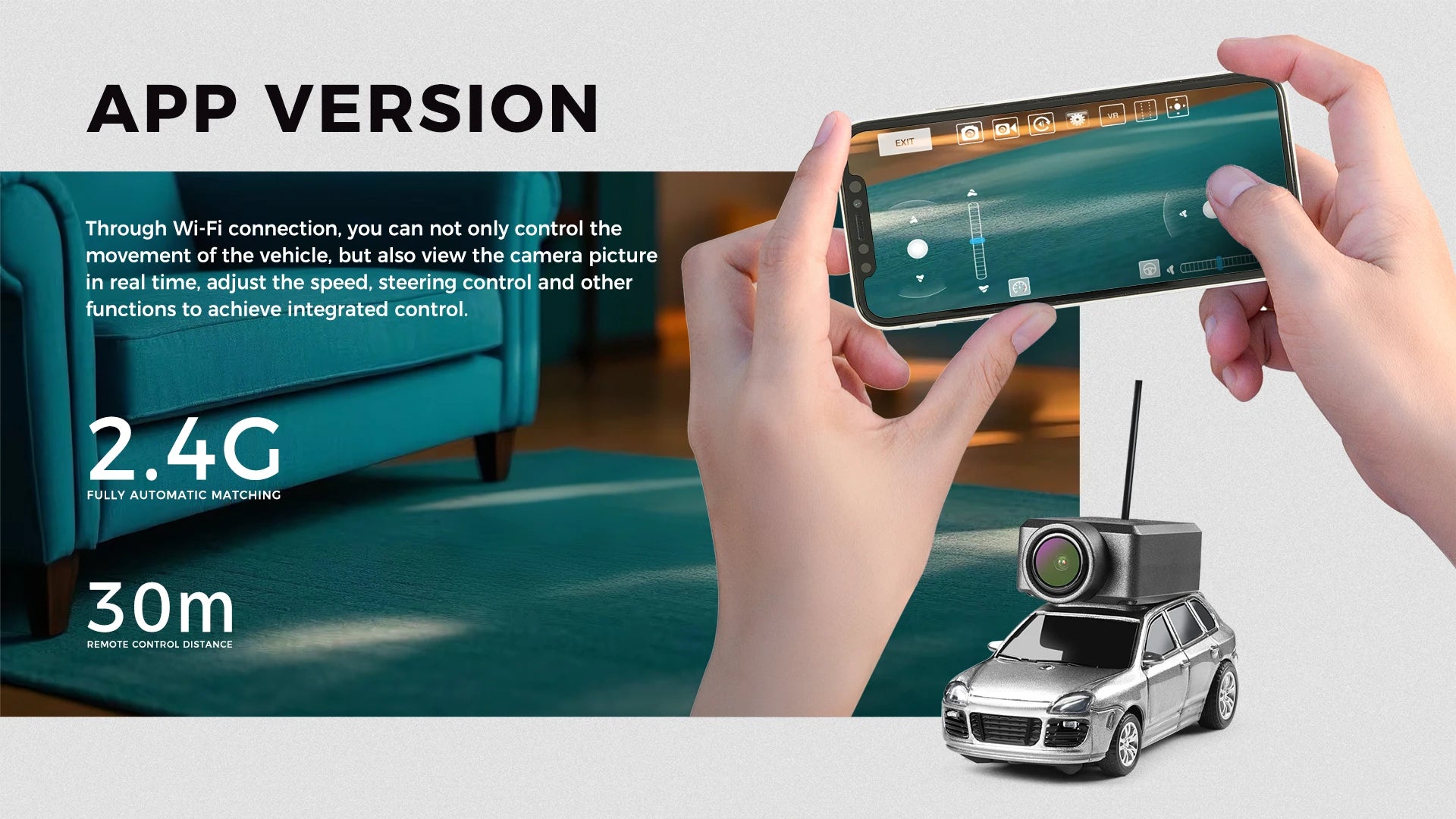 FPV RC automobilis su kamera – valdomas telefonu